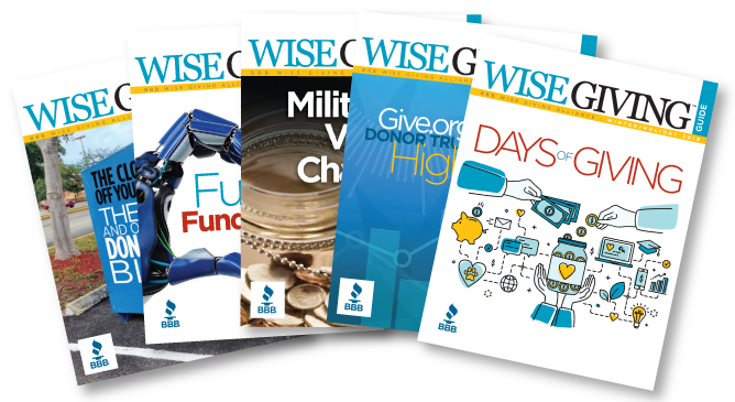 Fanned-out covers of the Wise Giving Guide magazine, offered free with a donation to Give.org.