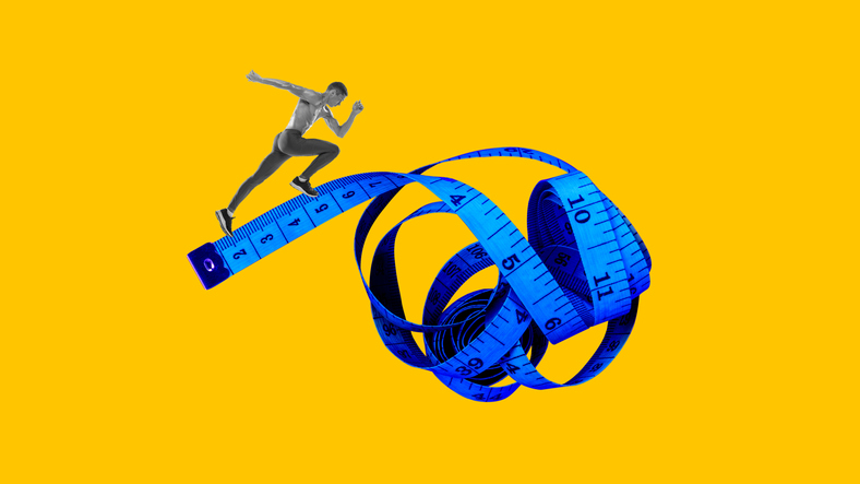 A muscular athlete running beside a measuring tape on a bright yellow background, symbolizing performance measurement and accountability.